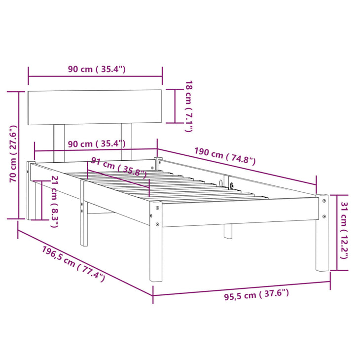 sengestel 90x190 cm Single massivt fyrretræ gyldenbrun