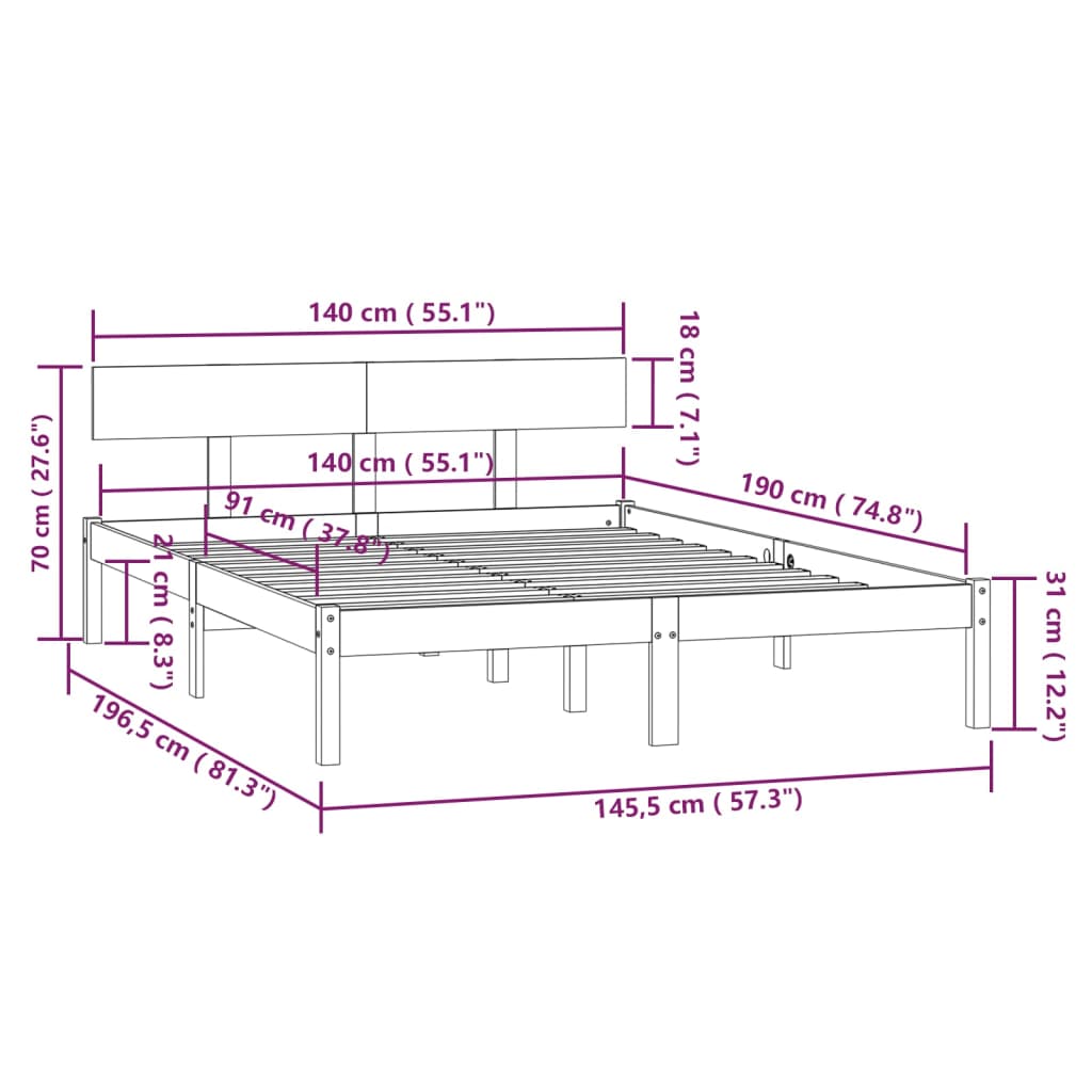 sengeramme 140x190 cm massivt fyrretræ sort