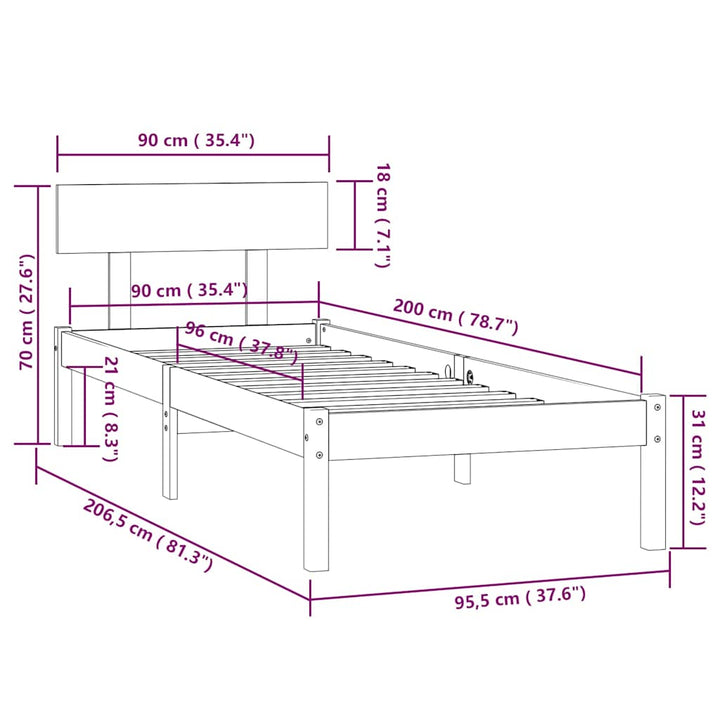 sengeramme 90x200 cm massivt fyrretræ