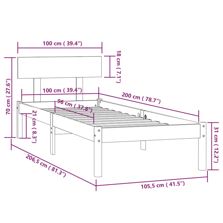 sengestel 100x200 cm massivt fyrretræ hvid