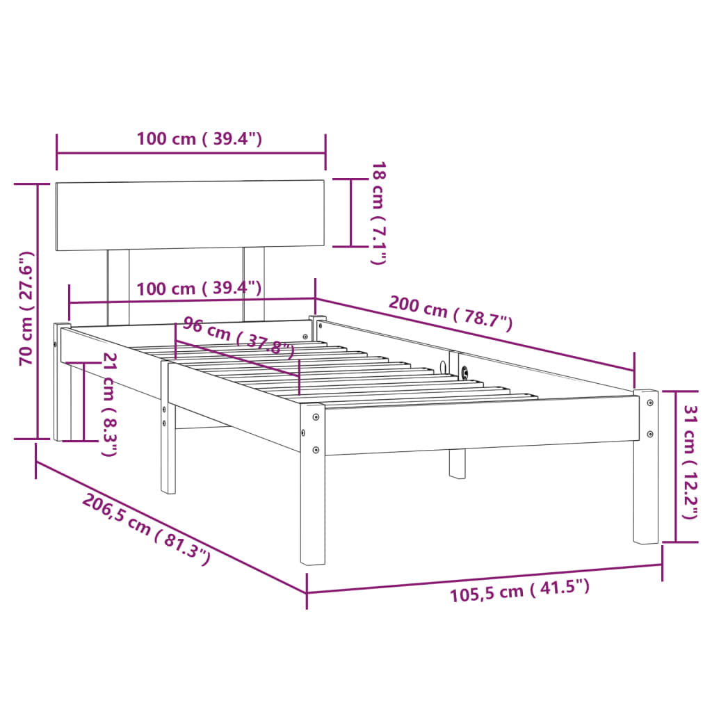 sengeramme 100x200 cm massivt fyrretræ sort