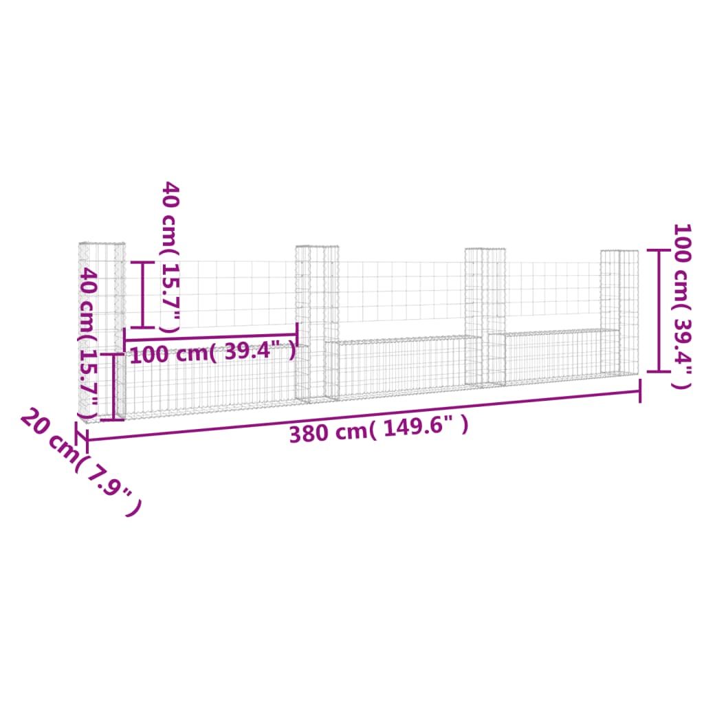 gabionkurv med 4 stolper 380x20x100 cm U-facon jern