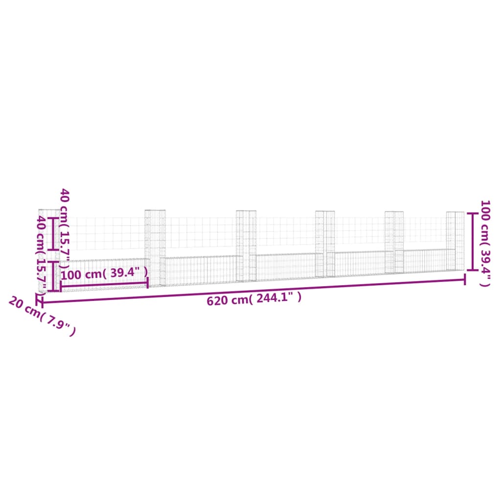 gabionkurv med 6 stolper 620x20x150 cm U-facon jern