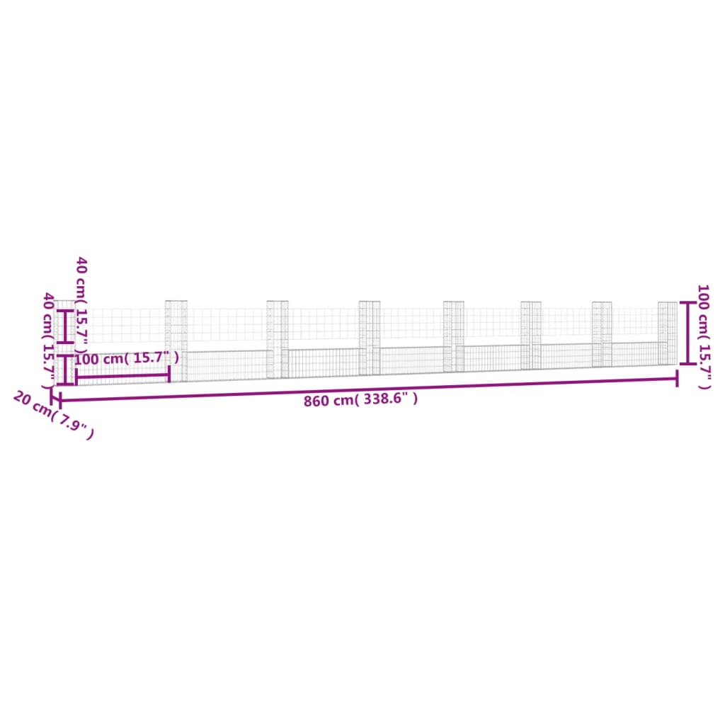 gabionkurv med 8 stolper 860x20x100 cm U-facon jern