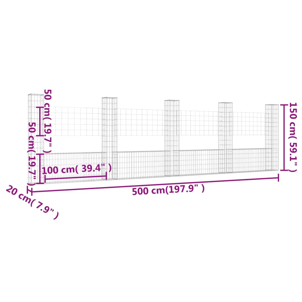 gabionkurv med 5 stolper 500x20x150 cm U-facon jern