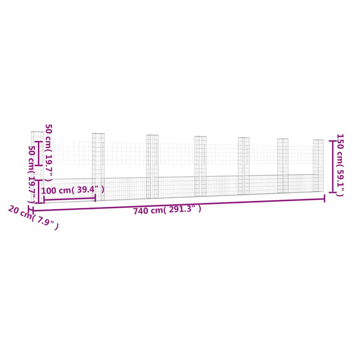 gabionkurv med 7 stolper 740x20x150 cm U-facon jern