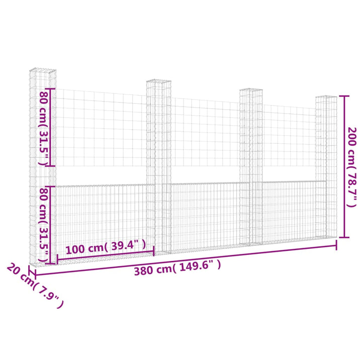 gabionkurv med 4 stolper 380x20x200 cm U-facon jern