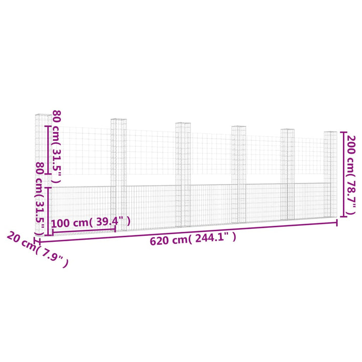 gabionkurv med 6 stolper 620x20x200 cm U-facon jern