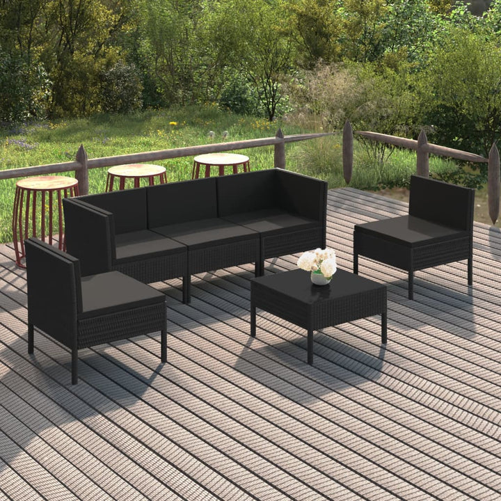 loungesæt til haven 6 dele med hynder polyrattan sort
