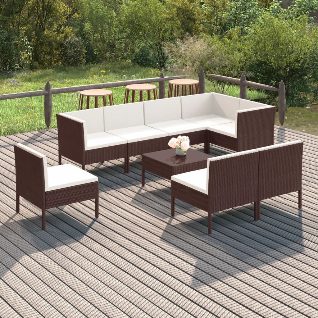 loungesæt til haven 9 dele med hynder polyrattan brun