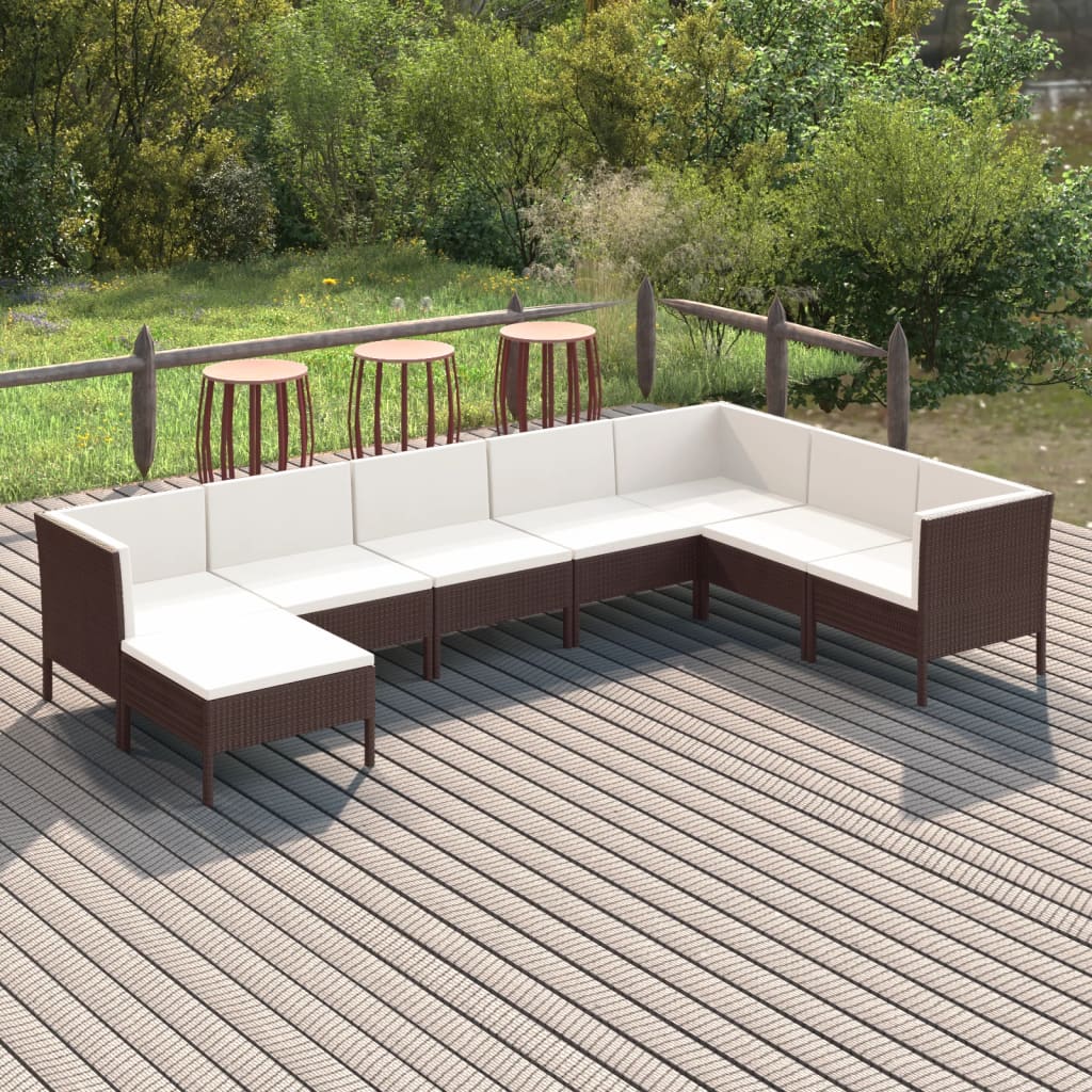 loungesæt til haven 8 dele med hynder polyrattan brun