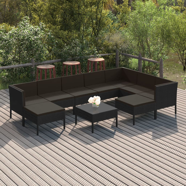 loungesæt til haven 10 dele med hynder polyrattan sort