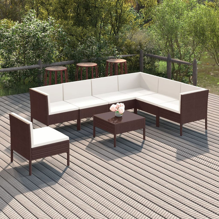 loungesæt til haven 8 dele med hynder polyrattan brun