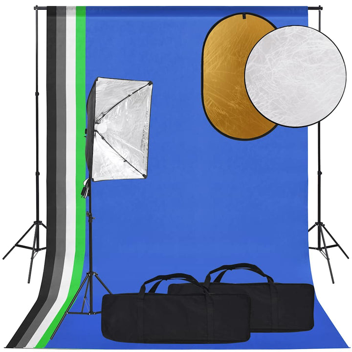 fotostudiesæt med softboxlampe + baggrund og reflektor