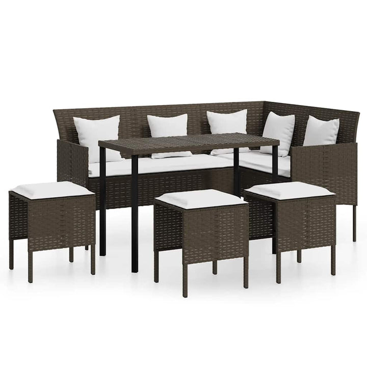 sofasæt med hynder 5 dele L-facon polyrattan brun