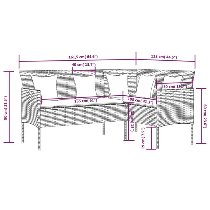 L-formet sofa med hynder polyrattan grå