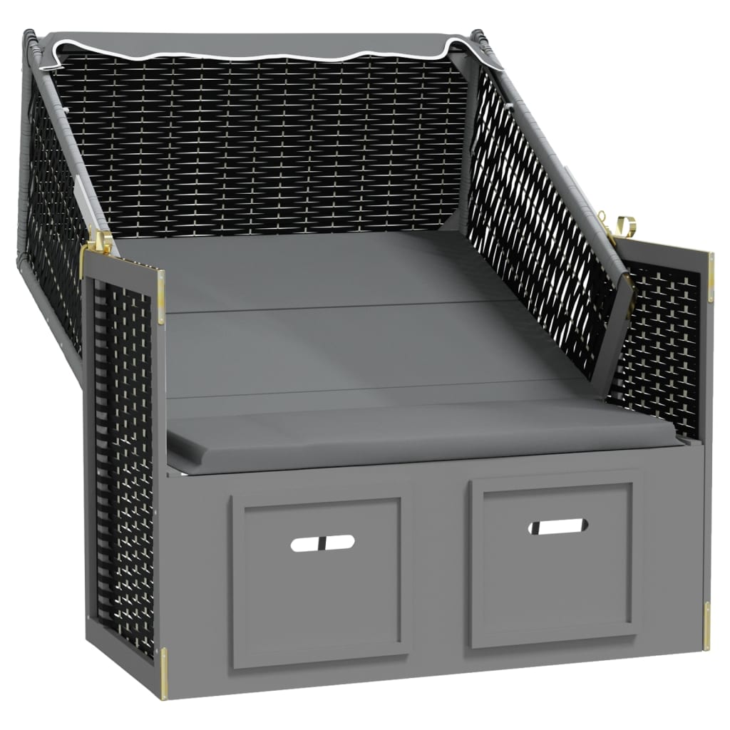 strandkurv m. baldakin polyrattan + massivt træ antracit + sort