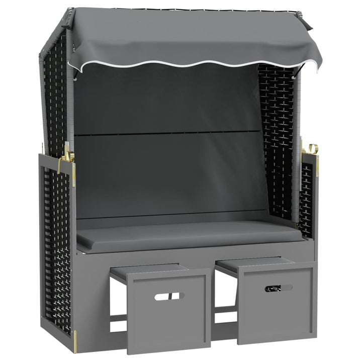 strandkurv m. baldakin polyrattan + massivt træ antracit + sort