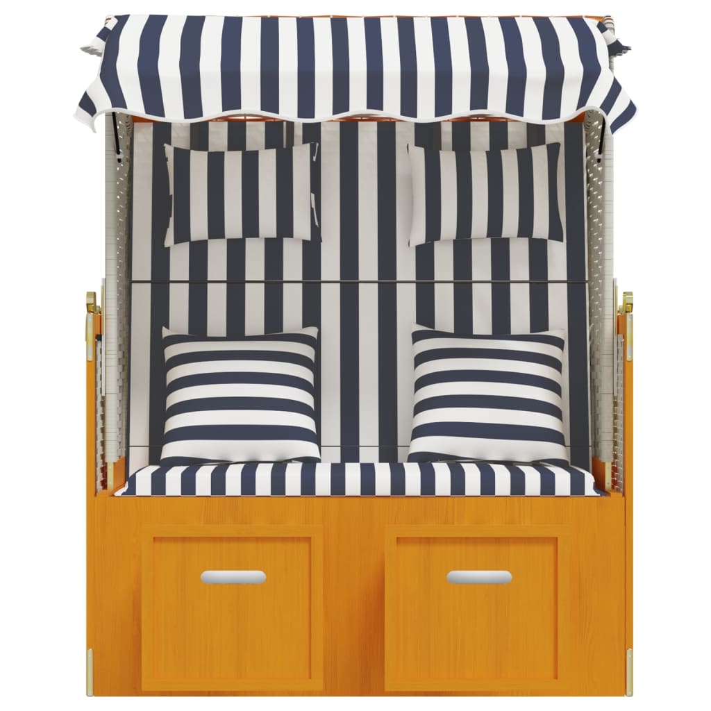 strandkurv med hynder polyrattan og massivt træ hvid og blå