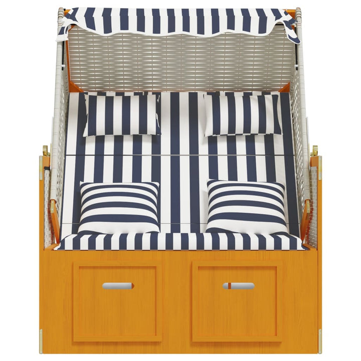 strandkurv med hynder polyrattan og massivt træ hvid og blå