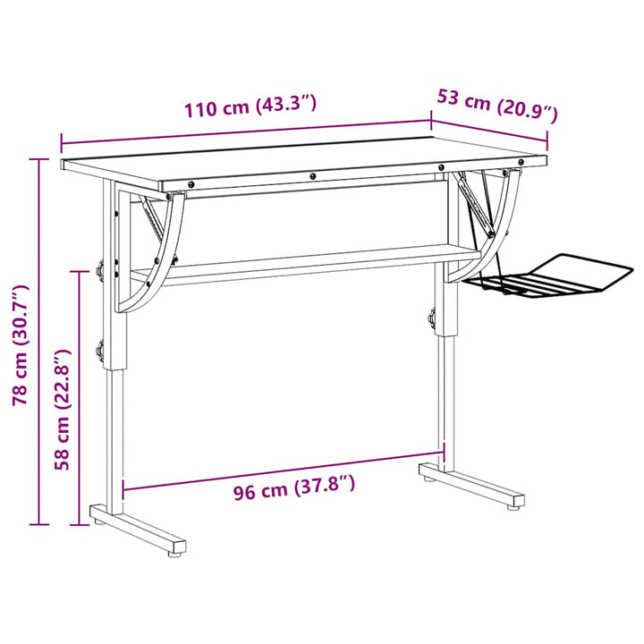 skrivebord 110x53x(58-87) cm konstrueret træ og stål hvid grå