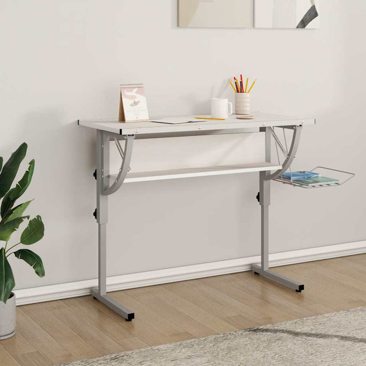 skrivebord 110x53x(58-87) cm konstrueret træ og stål hvid grå