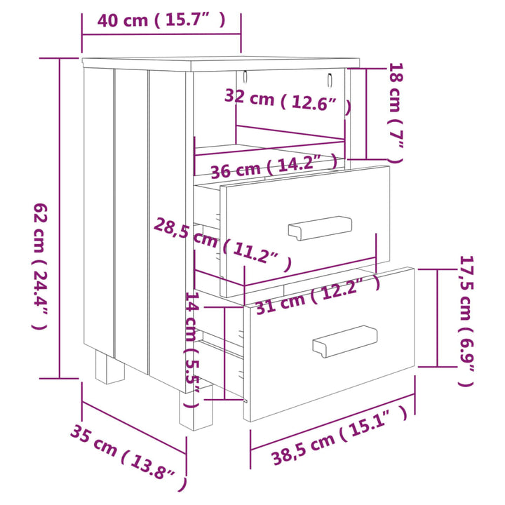 sengeskab HAMAR 2 stk. 40x35x62 cm fyrretræ honningfarvet