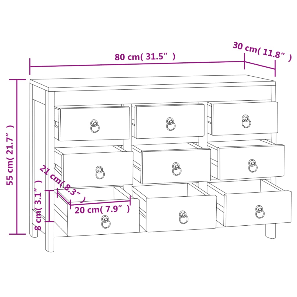 kommode 80x30x55 cm massivt teaktræ