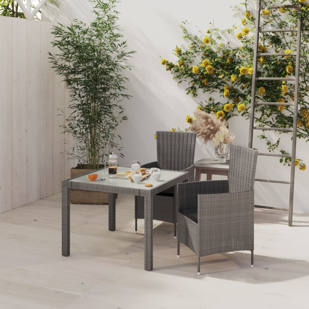 udendørs spisebordssæt 3 dele med hynder polyrattan grå