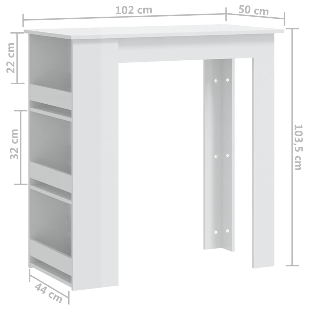 barbord med opbevaringsstativ 102x50x103,5 cm hvid højglans