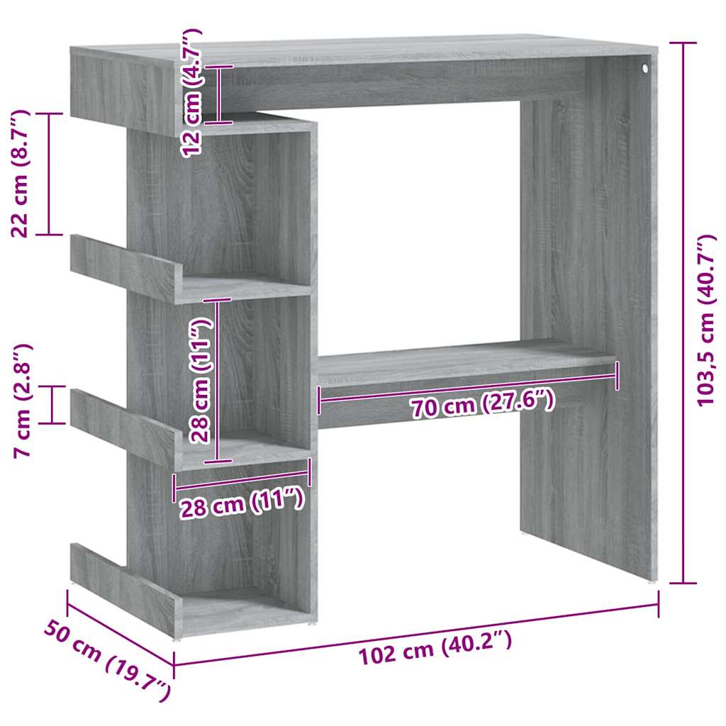 barbord med opbevaringsstativ 100x50x101,5 cm grå sonoma-eg
