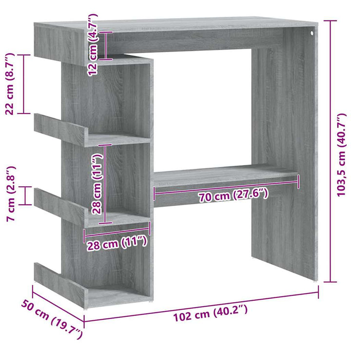 barbord med opbevaringsstativ 100x50x101,5 cm grå sonoma-eg