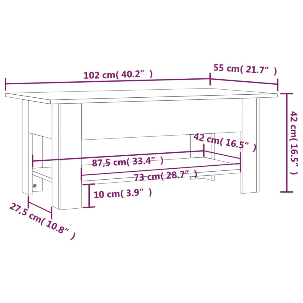 sofabord 102x55x42 cm konstrueret træ brun egetræsfarve