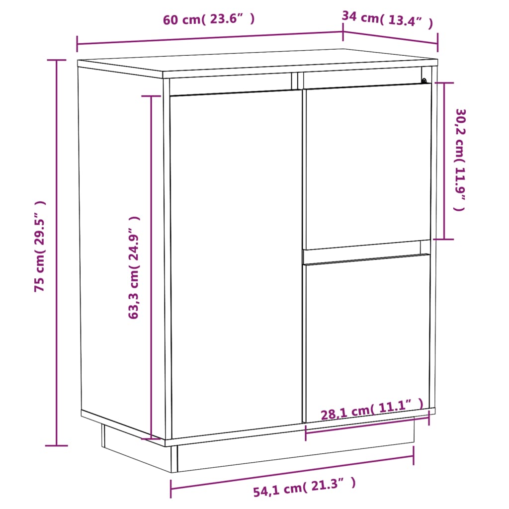 skænk 60x34x75 cm massivt fyrretræ hvid