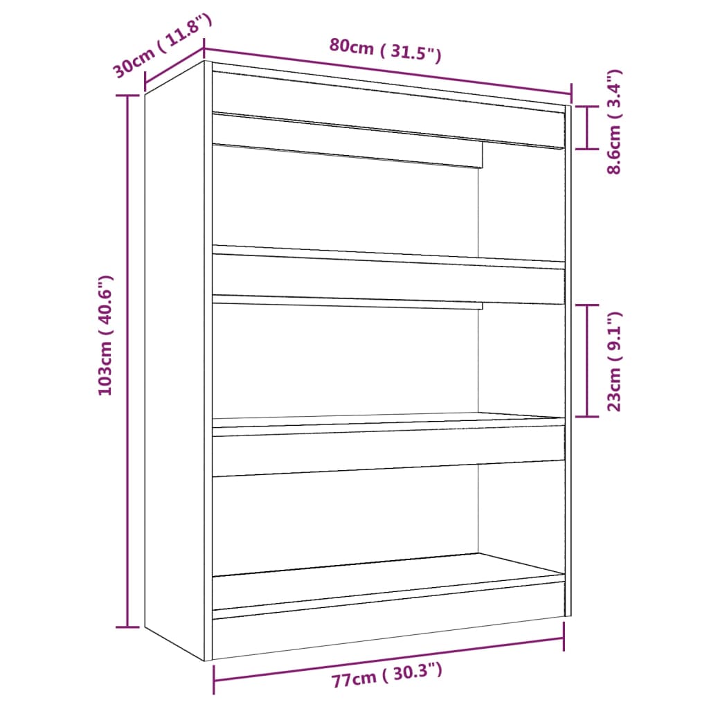 bogreol/rumdeler 80x30x103 cm konstrueret træ brun eg