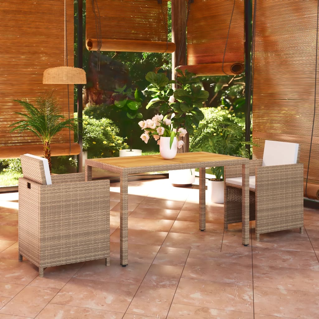 spisebordssæt til haven 3 dele med hynder polyrattan beige