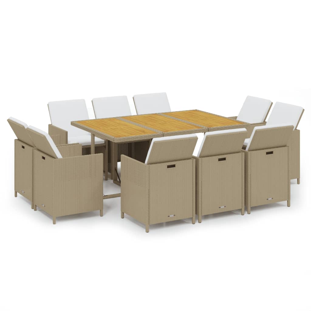 spisebordssæt til haven 11 dele med hynder polyrattan beige