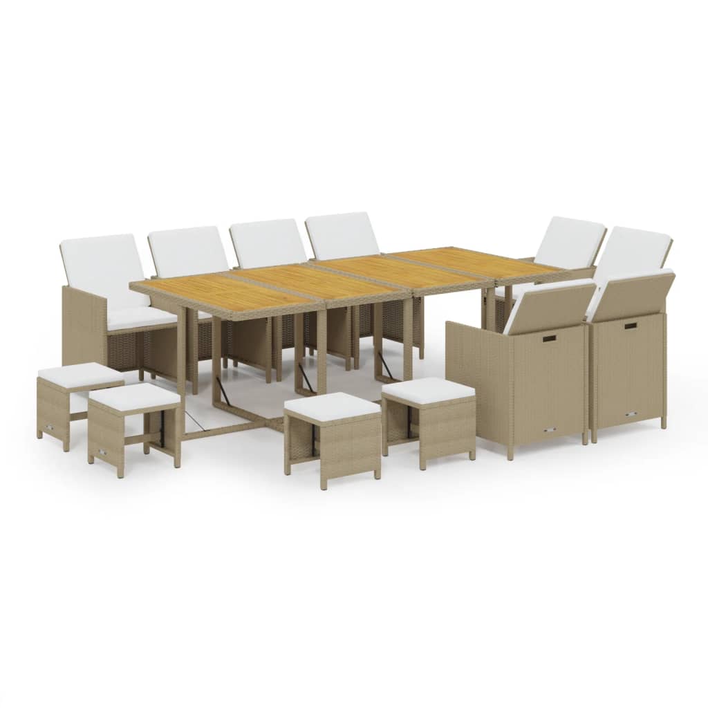 spisebordssæt til haven 13 dele med hynder polyrattan beige