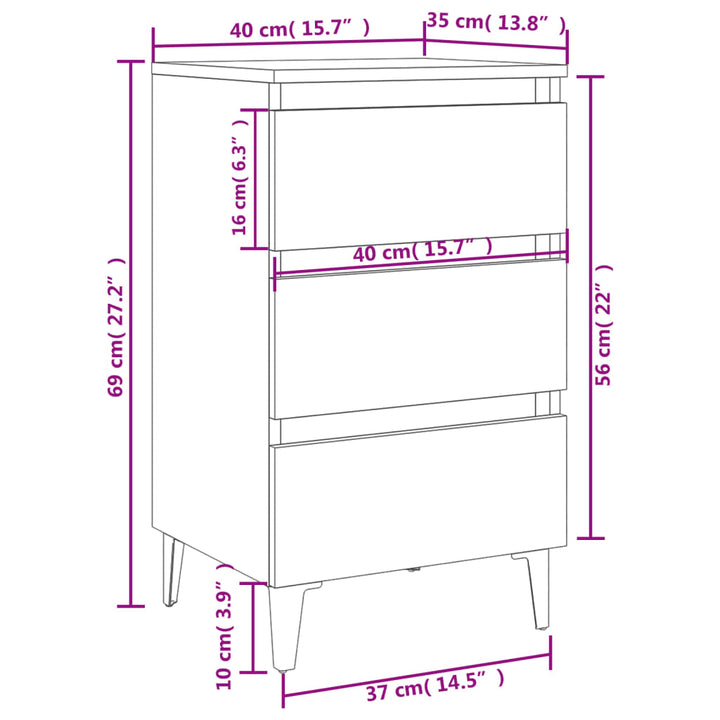 sengebord med metalben 40x35x69 cm grå sonoma-eg
