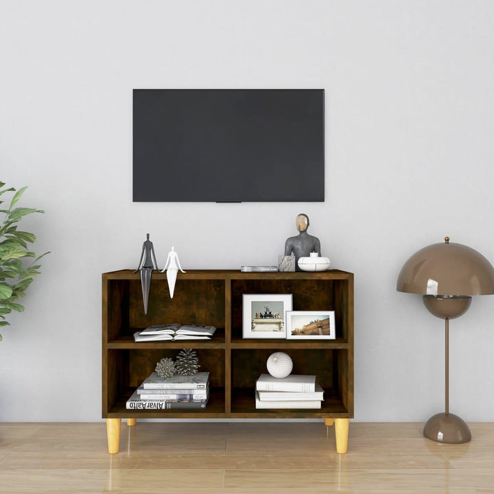 tv-bord med massive træben 69,5x30x50 cm røget egetræsfarve