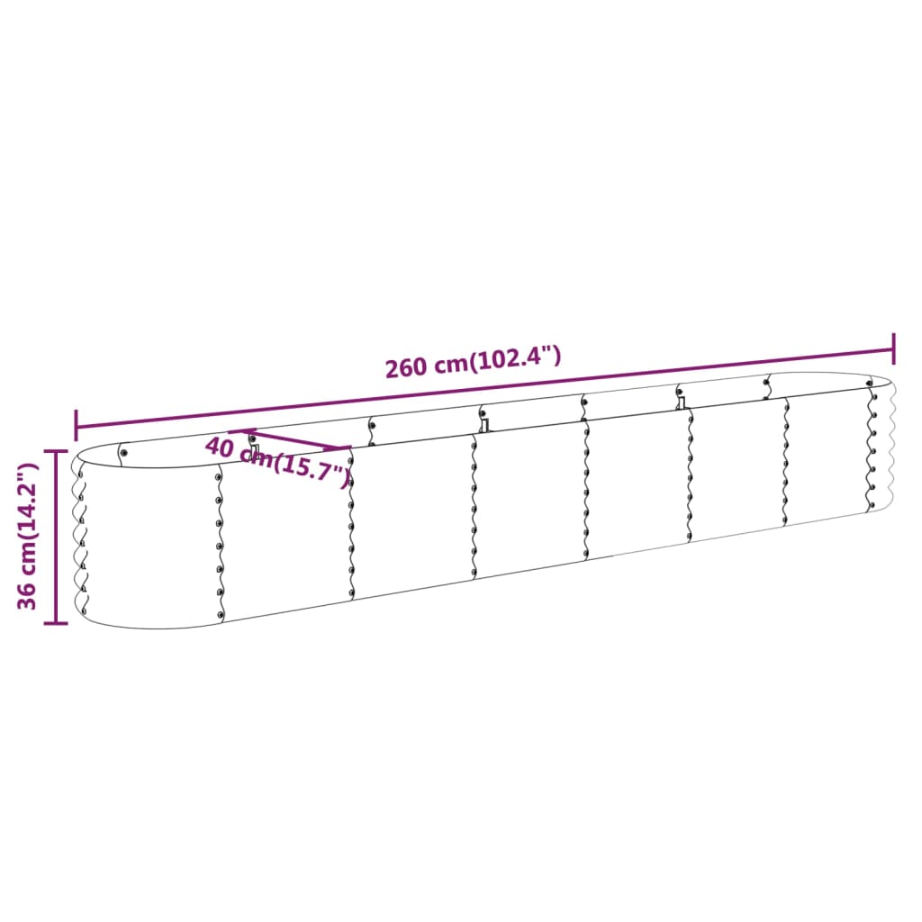 plantekasse 260x40x36 cm galvaniseret stål sølvfarvet