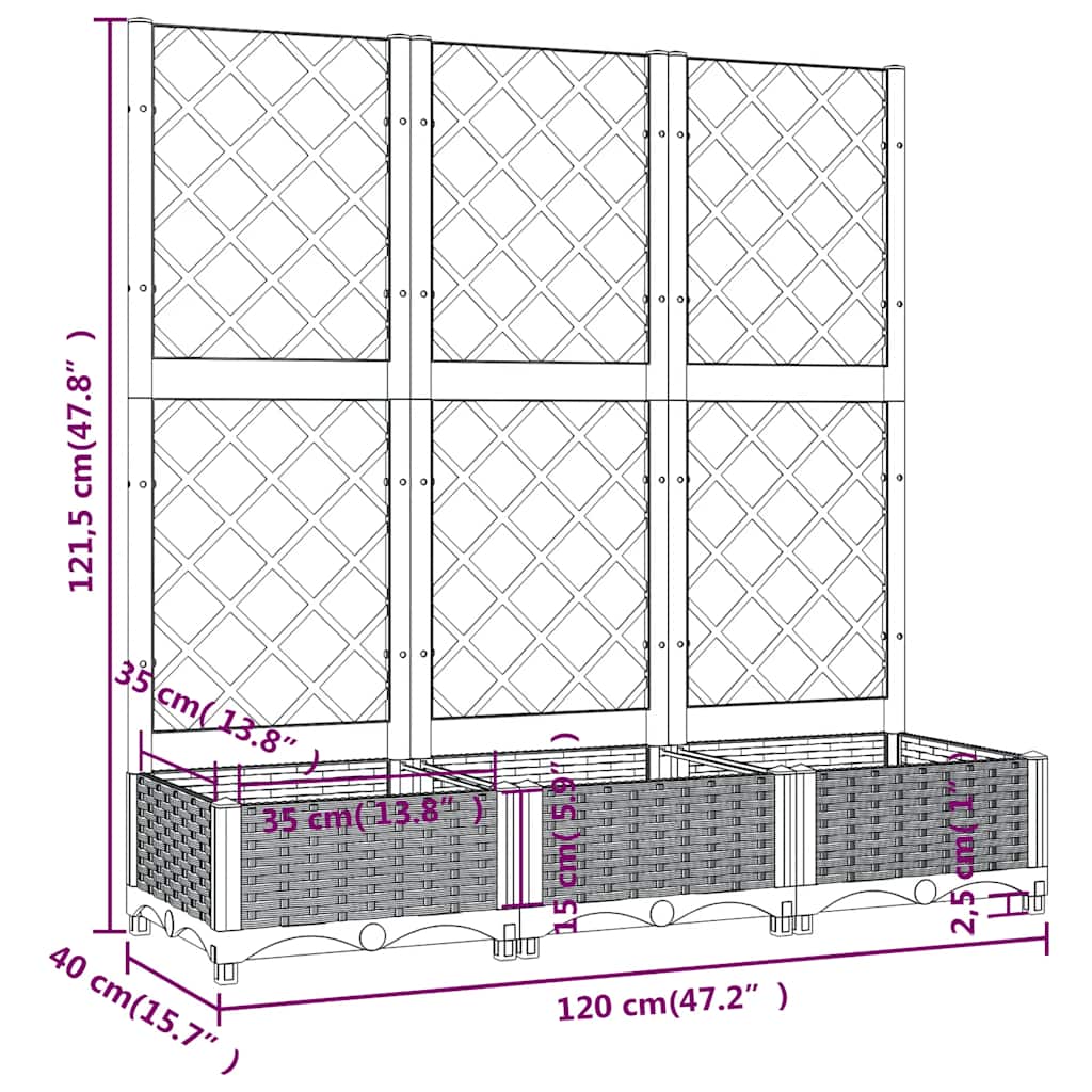 plantekasse med espalier 120x40x121,5 cm PP blågrå