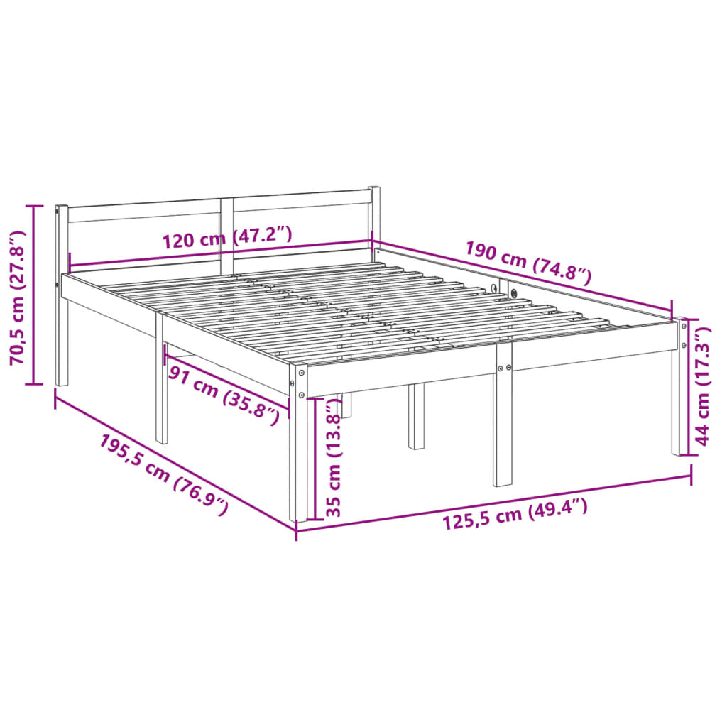 sengeramme 120x190 cm dobbeltseng massivt fyrretræ