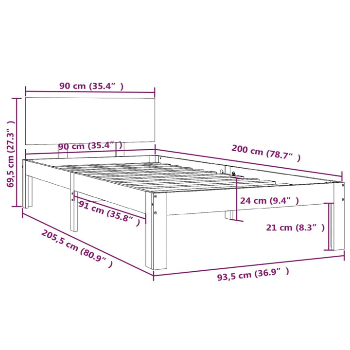sengeramme 90x200 cm massivt fyrretræ sort