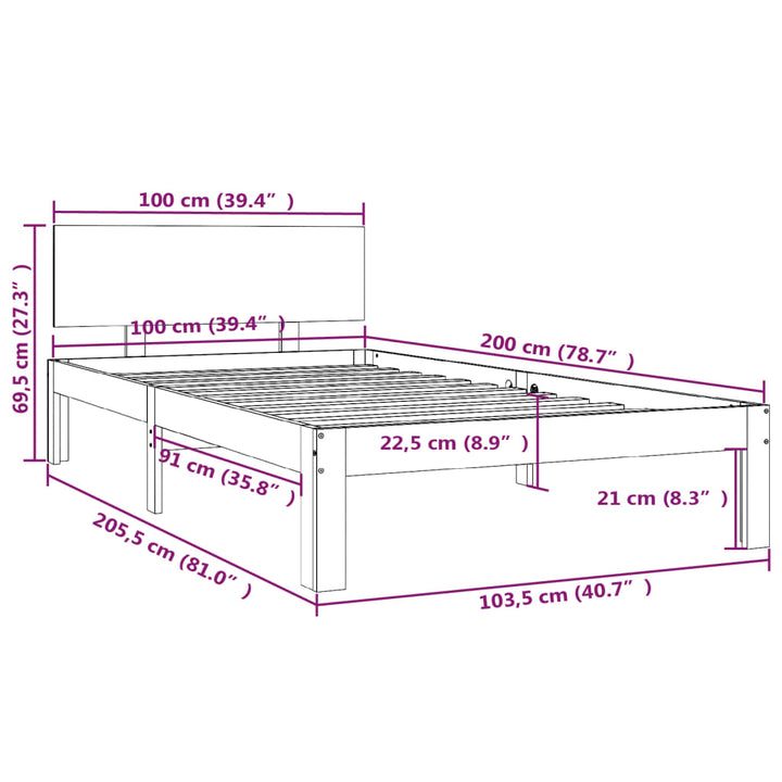 sengeramme 100x200 cm massivt fyrretræ hvid