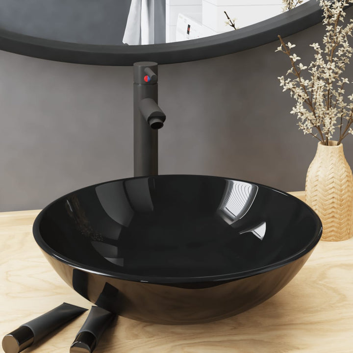 håndvask til badeværelse m. hane og bundventil hærdet glas sort