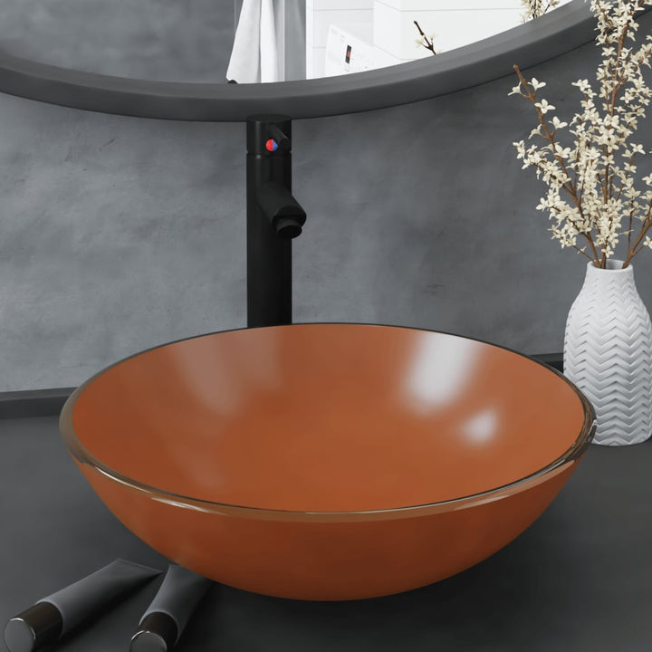 håndvask til badeværelse m. hane og bundventil hærdet glas brun