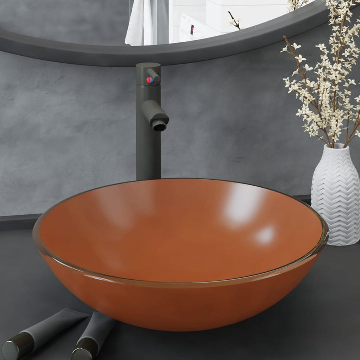 håndvask til badeværelse m. hane og bundventil hærdet glas brun