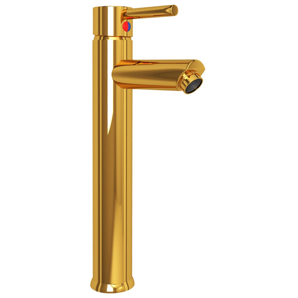 håndvask til badeværelse m. hane og bundventil hærdet glas guld