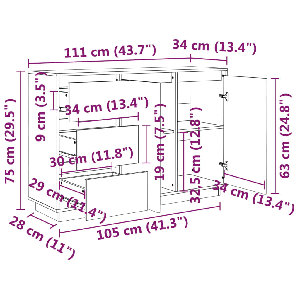 skænk 111x34x75 cm massivt fyrretræ hvid